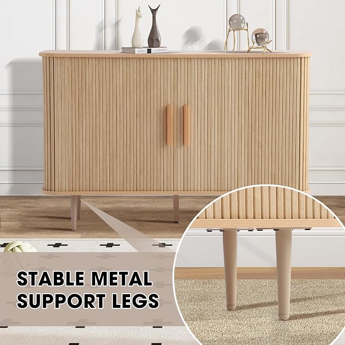 Grepatio 47" Sideboard Buffer Cabinet with Fluted Slide Doors, Tambour Storage Cabinet with Adjustable Shelves, Credenza Console Mid Century Cabinets for Hallway Entryway (Natural)