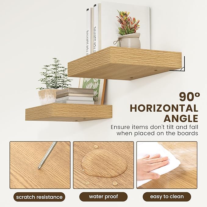 12 Inch Deep Floating Shelves | 16 Inch Oak Floating Shelves Set of 2 | 16W x 12D Rustic Shelves for Wall | Deep Wood Shelves for Living Room Bathroom Kitchen Bedroom