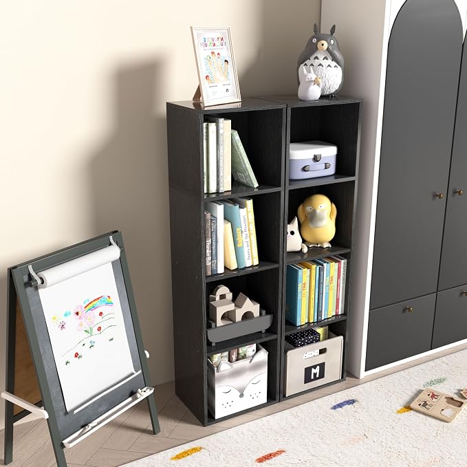 Wooden 4 Cube Storage Organizer, 4 Tier Storage Cubes Storage Display Cubby,Freestanding DIY Closet Shelving Unit for Living Room Bedroom Office(Black, 4 Cube-W(11.8inch)
