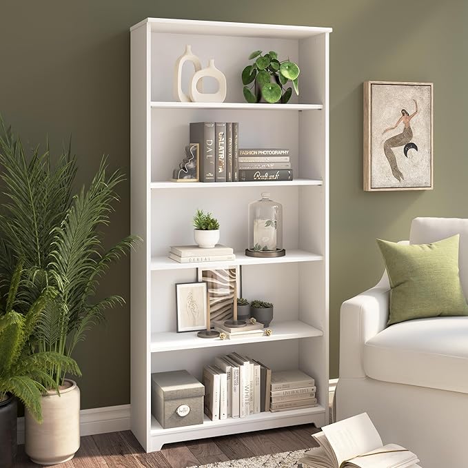 Bush Home Tall 5 Shelf Bookcase, Large Open Bookshelf, Sturdy Display Cabinet for Living Room or Home Office, Cabot Collection, White