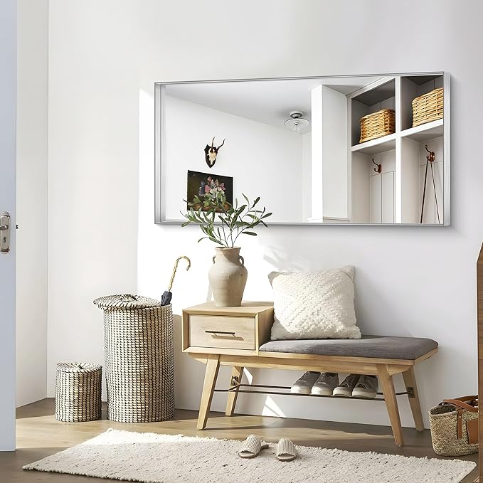 CIRCUMI Silver Bathroom Mirror, 30"x60" Rectangular Mirror with Deep Metal Frame, Brushed Finish, Tempered Glass, Large Mirror for Wall, Over 2 Sinks, Installed Vertically/Horizontally, Crystal-Clear
