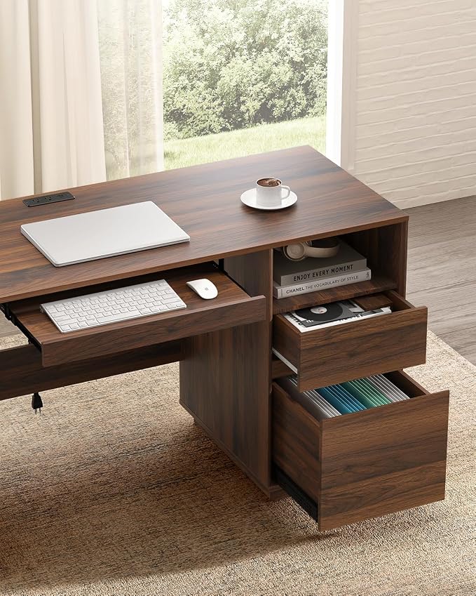 47" Executive Desk with File Drawer, Farmhouse Computer Desk with Charging Station and Open Storage Compartment Wooden Home Office Desk for Writing Study Working, Brown