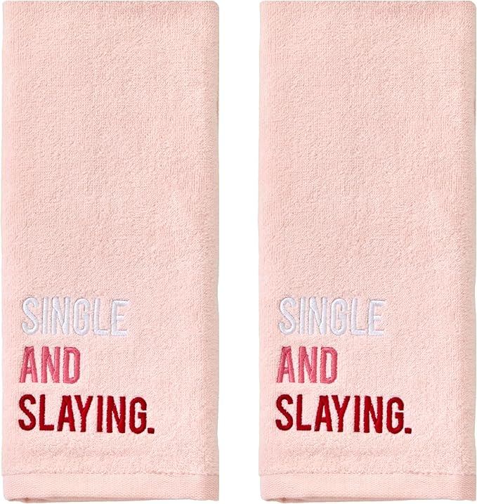 SKL Home Valentine's Day Single and Slaying 100% Cotton Embroidered 2pc Hand Towel Set, Decorative for Bath/Kitchen/Bar & Gift, Light Blush