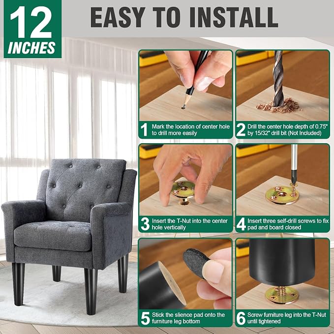 FoDau770 Black Rubber Wood Furniture Legs 12 Inches, Straight Tapered Wood Feet Mid Century Sofa Legs Set of 4, 5/16" UNC Furniture Feet for Cabinet Couch Dresser Chair Ottoman Table