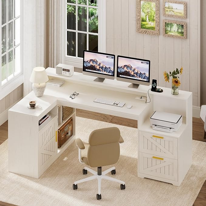 TVU Farmhouse L Shaped Desk with Drawers, 62.2" Home Office Desk with Storage Shelves and Power Outlet, L Shaped Computer Desk with Monitor Stand and Printer Shelf, White