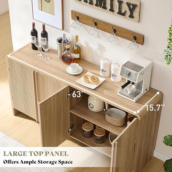 AMERLIFE 63" Fluted Sideboard Buffet Cabinet with Storage, Modern Credenza Console with 4 Doors & Adjustable Shelves, Wood Coffee Bar for Kitchen, Living Room, Hallway, Natural Oak