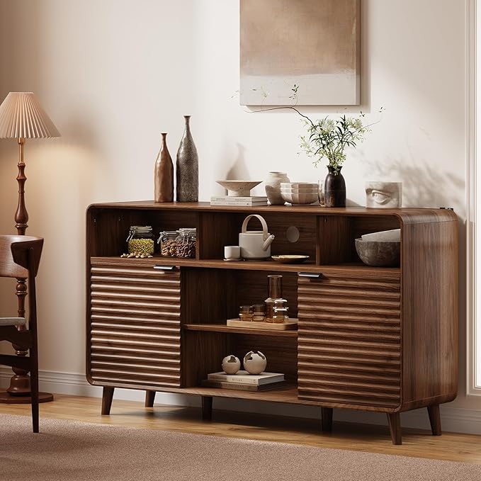58 Inch Buffet Cabinet with Storage, Curved Buffet Sideboard w/2 Doors, Open Storage Shelf, Adjustable Shelves, Wooden Coffee Bar Cabinet for Kitchen, Living Room, Walnut
