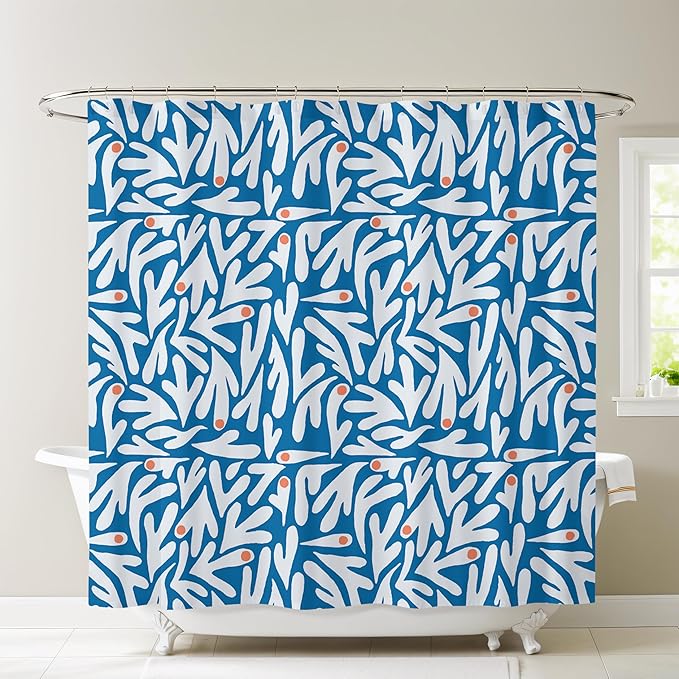 Matisse Blue and White Boho Modern Fabric Shower Curtain, Abstract Floral Art Shower Curtain, 72x72 Inches (Matisse)