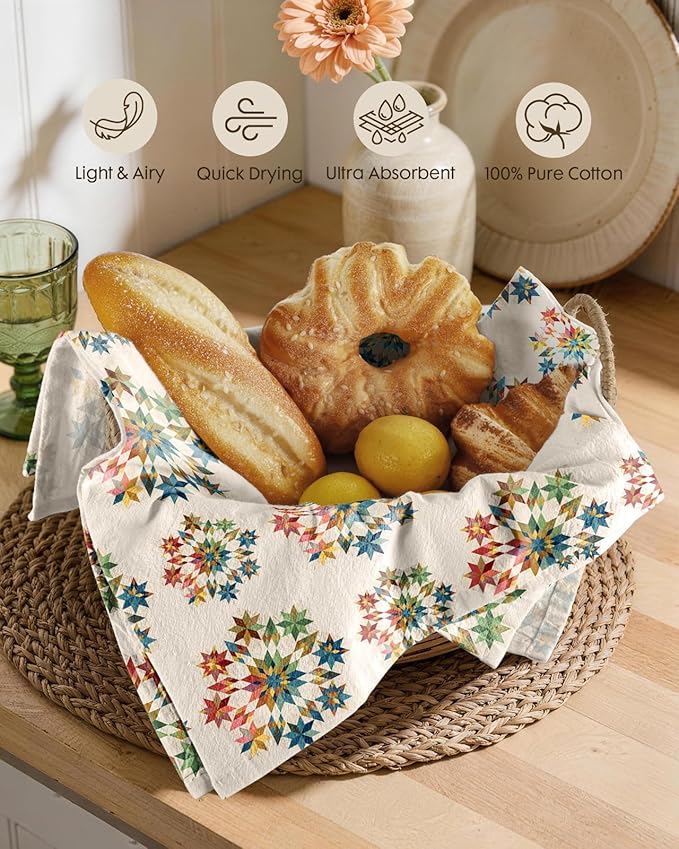 Miss Adola 4pcs Flour Sack Kitchen Towels - 16x26 Inch Cotton Dish Towels Set of 4 with Hanging Loop Reusable Geometric Boho Modern Retro Tea Towel Absorbent Dishcloths Home Decor, Starburst Design