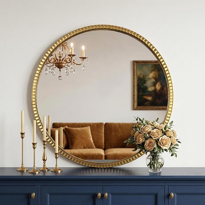 Large Beaded Round Gold Mirror 32" – Metal Frame Circle Wall Mirror, Simple Modern Accent Mirror for Bathroom, Vanity, Entryway, Living Room
