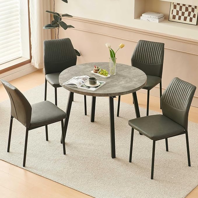 Dining Chairs Set of 4, PU Leather Dining Room Chairs, Comfortable Upholstered Kitchen Chair with Black Metal Legs for Living Room, Dining Room, Dark Grey