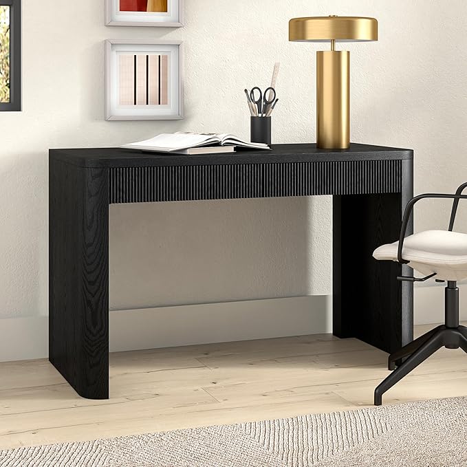 Henn&Hart 48" Fluted Modern Rectangular Home Office Desk Ribbed Computer Desk Writing Table with 2 Storage Drawers for Home Office, Natural Black