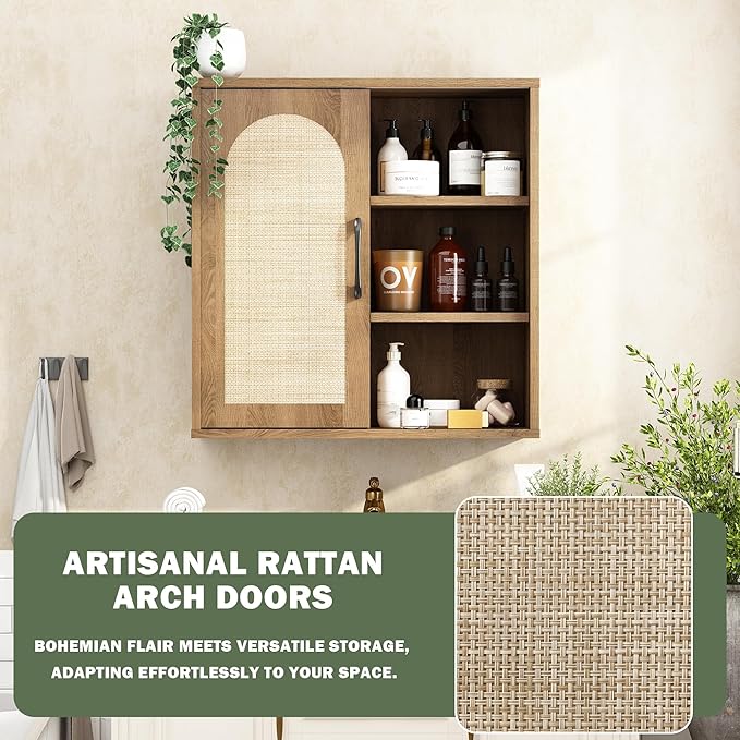 RUSTOWN Boho Rattan Wall Cabinet, Midcentury Bathroom Cabinet with Sliding Door, Adjustable Shelves, Over The Toilet Storage Cabinet (Rustic Oak)