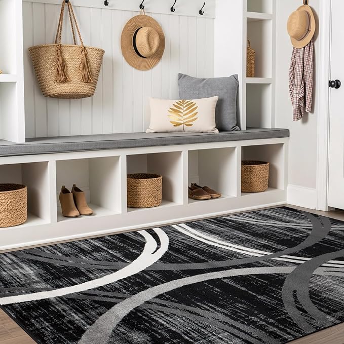 Rugshop Modern Wavy Circles Design Area Rug, Carpet with Jute Backing for Living Room, Bedroom, or Home Office, Black, 5'3" x 7'3"