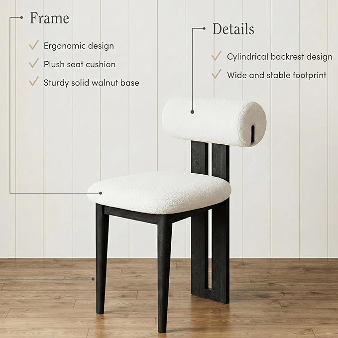Upholstered Kitchen & Dining Room Table Chairs Set of 2, Solid Wood White Mid Century Dining Chairs with Boucle Upholstery, Cylindrical Backrest for Vanity, Living Room, Office, White & Black