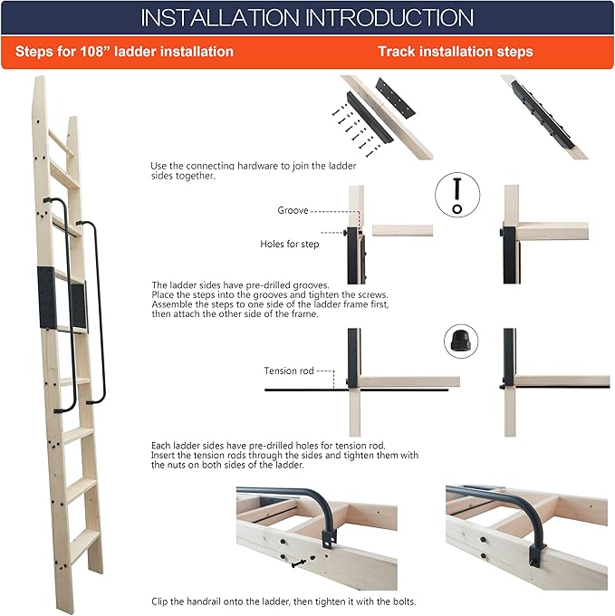 108in Knotty Pine Wood Library Ladder with Black Handrail – 300 lbs Capacity, Unfinished for Painting or Staining