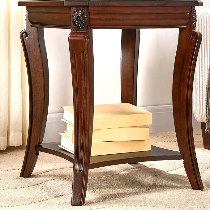 Solid Wood Side Table with Storage Shelf, 2-Tier Square End Tables Living Room, Traditional Style End Table, Vintage Beside Table with Curved Legs and Printed Tabletop, Cherry Walnut Accent Table WD