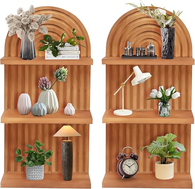 2 PCS Boho Wall Shelf with Screws, Wooden Rainbow Wall Shelves Mid Century Boho Arch Shelf, Boho Decor Shelves for Bathroom, Bedroom, Kitchen Decoraction and Storage (Wood-05)