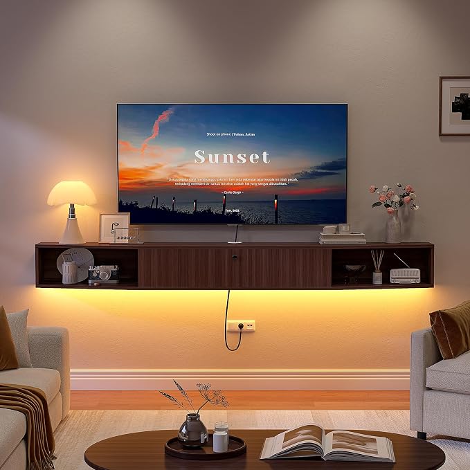 78inch Floating TV Stand, Plywood Wall Mounted Media Console with 1 Flip Down Door & 5 Open Shelves, Modern Floating Entertainment Center with Wire Management for Living Room, Walnut