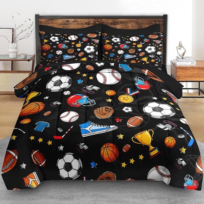 Pamnest Comforter Set Full Size, Basketball Football Baseball 7 Pcs Bedding for Kids and Adults, Hockey Sport Bed Sheet Sets with Fitted Sheet 2 Pillowcases & 2 Shams for Bedroom Bed Decor