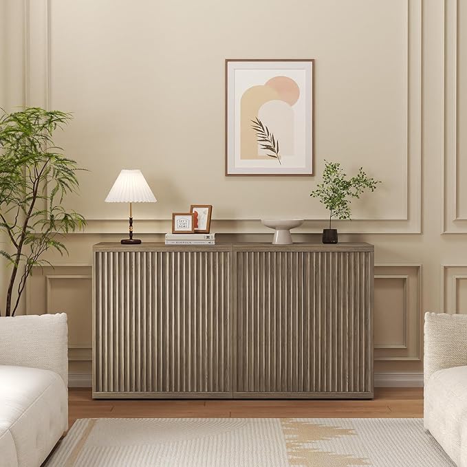 31” Sideboard Cabinet with Storage, Fluted Accent Cabinet with Adjustable Shelves, Modern Wood Credenza Cabinets with Pop-up Doors for Entryway Kitchen Living Room Hallway, Brown 2 Pcs