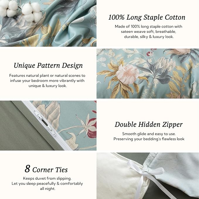 MILDLY Full Size Duvet Cover Set 100% Long-Staple Cotton Luxury Vintage Floral Patten Reversible Comforter Cover Set 3Pcs