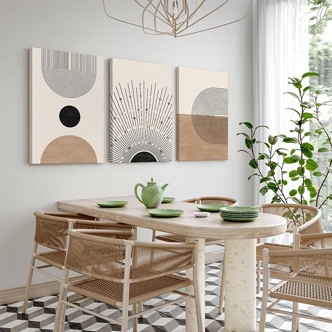 Mid Century Modern Wall Art Set of 3 Neutral Boho Art Prints Abstract Geometric Wall Art Picture Black Beige Terracotta Minimalist Painting Canvas Artwork for Living Room Bedroom 16x24 Inch Wrapped Canvas