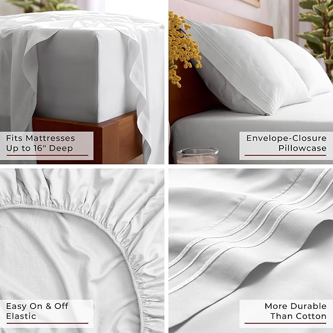 Mellanni Twin XL Sheets Set - 3 PC Iconic Collection Bedding - Hotel Luxury, Extra Soft, Cooling Bed Sheets - Wrinkle, Fade, Stain Resistant (Twin Extra Long, White)