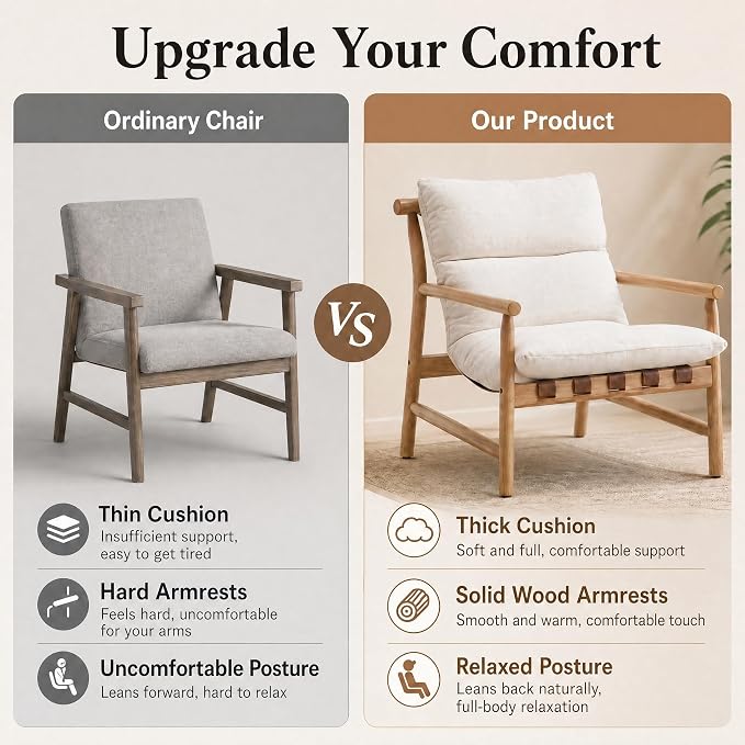 Linen Accent Chair Mid Century Modern Living Room Chairs Comfy Arm Chair with Solid Wood Frame Upholstered Lounge Reading Chair Cozy Recliner for Bedroom/Guest Room, Beige