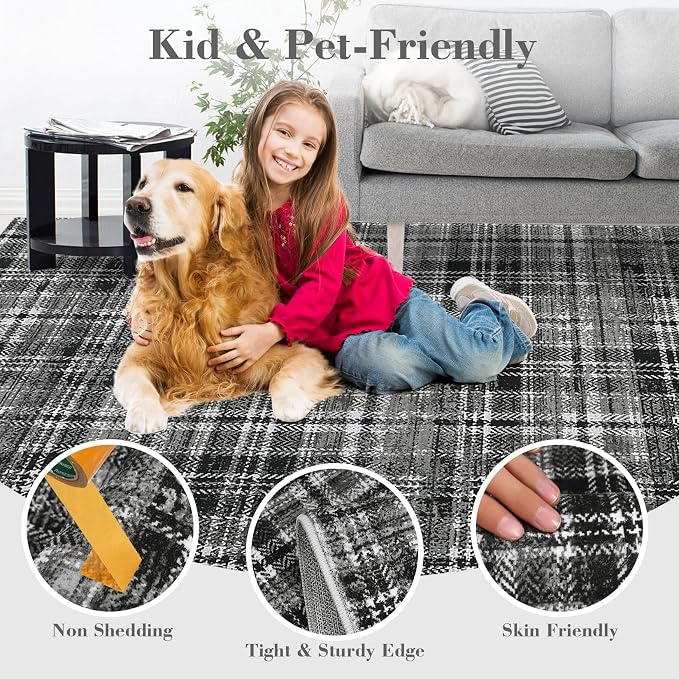 Tartan Plaid Washable Round Rugs 4ft, Non-Slip Soft Ultra-Thin, Small Round Rug Circle Stain Resistant Low Pile Carpet for Entryway Kitchen Bedroom Nursery Bathroom, Black