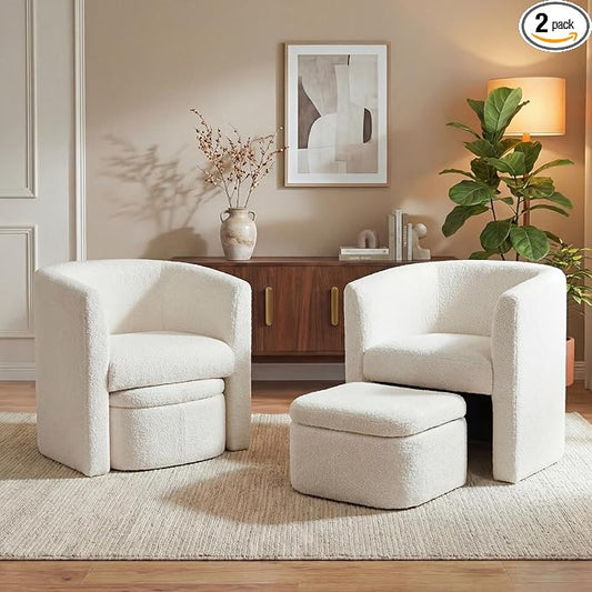 COLAMY Morden Velvet Living Room Side Chair with Storage Ottoman Set of 2, Single Sofa Armchair with Lounge Seat, Upholstered Barrel Accent Chair for Bedroom/Office/Reading Spaces, Cream