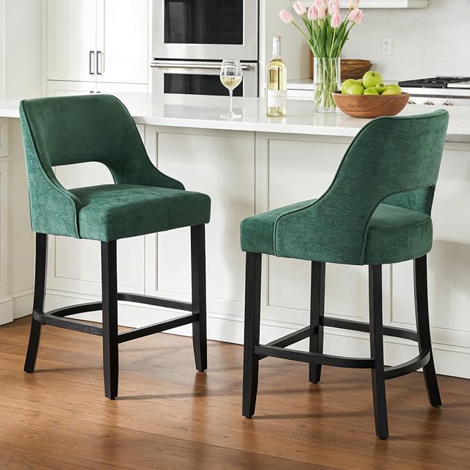 ClinQ Bar Stools Set of 3, 26" H Counter Height Bar Stools with Backs, Modern Upholstered Accent Barstools with Curved Footrest for Kitchen Island, Dining Room and Bar, Green-Black Legs