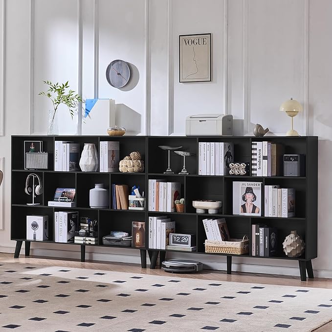 LEYAOYAO 10 Cube Bookshelf, 3 Tier Vintage 55" Wide Bookcase with Legs, Mid-Century Wood Bookshelves Storage, Black Large Book Case, Freestanding Organizer Display Shelf for Living Room, Office