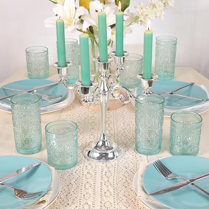 Darlion 6 Pack Highball Embossed Beverage Glass Cup, 12oz Green Glassware Drinking, Vintage Drinking Glasses, Colored Water Glasses for Party Wedding Home Office and Gift