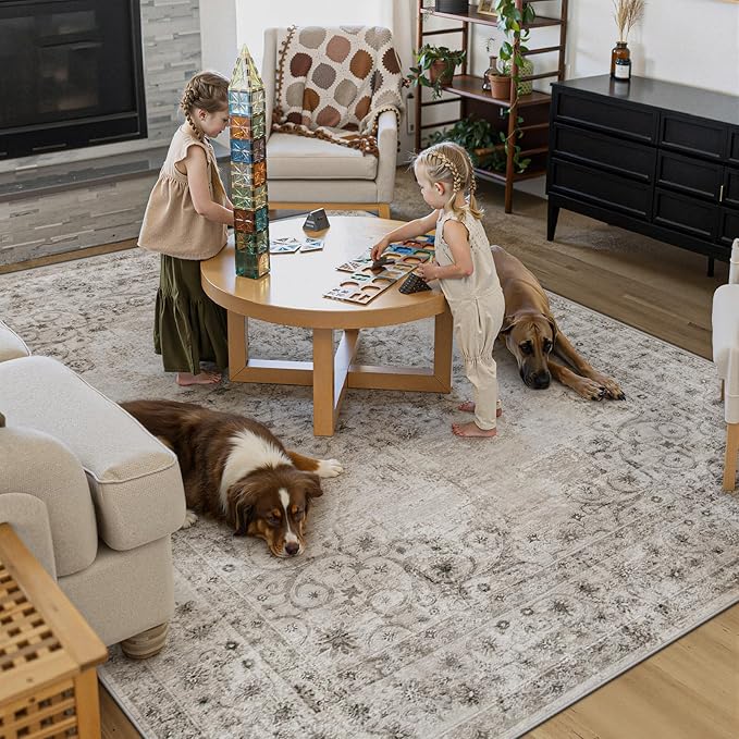 Area Rug 8x10 Vintage Rug: Large Washable Indoor Medallion Rugs Low Pile Distressed Floor Carpet Retro Accent Rug for Living Room Bedroom Kitchen Dining Table Home Office(Distressed Taupe, 8'x10')