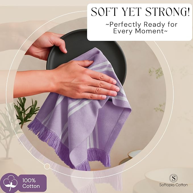 Striped Kitchen Towels 12 Pack, 16x26 Inches, 100% Cotton, Absorbent Dish Towels for Kitchen Drying, Reusable Dishcloths for Cleaning, Quick Dry Wash Rags for Everyday Use - Lavender