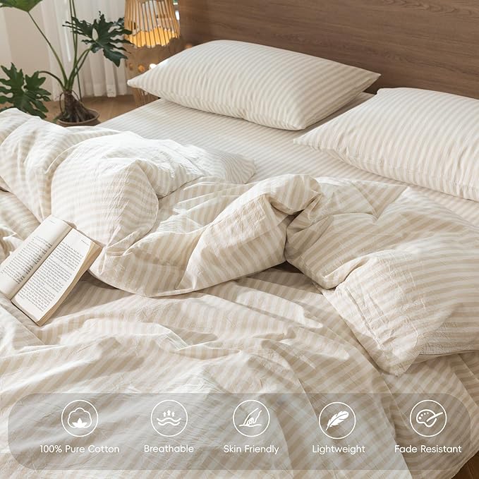 MooMee Striped Duvet Cover Set 100% Washed Cotton Linen Like Textured Breathable Durable Soft Comfy (Almond Milk Grey Classic Stripes, Cal King 104"x98")