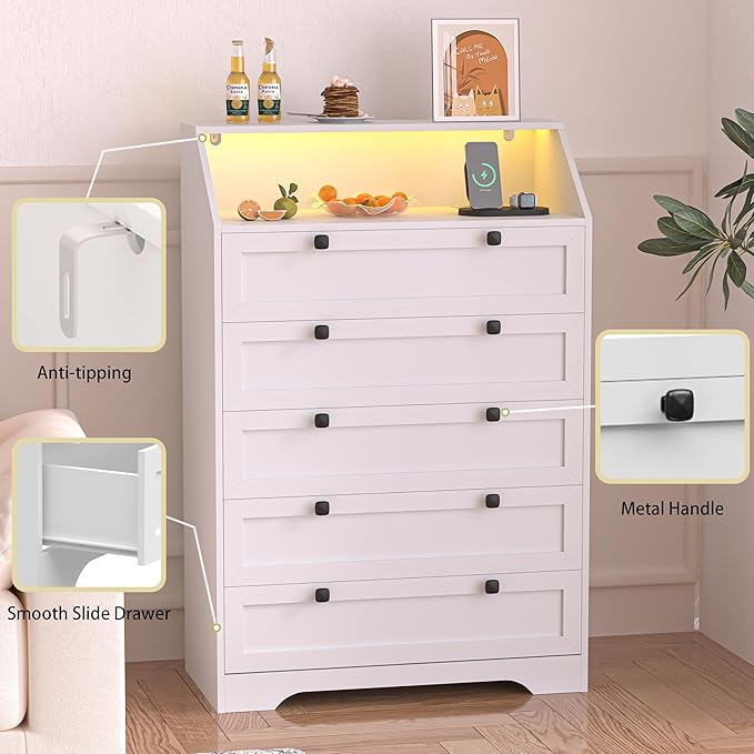 White Dresser Tall 5 Drawer Dresser for Bedroom, Wood Chest of Drawers with LED Lights, Charging Station, Metal Handles, Modern Storage Cabinet and Organizer Drawers for Living Room, Hallway