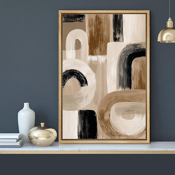 MUDECOR Framed Canvas Print Wall Art Neutral Beige & Black Brushstroke Abstract Illustrations Mid-Century Modern Multicolor for Living Room, Bedroom, Office - 24"x36" NATURAL