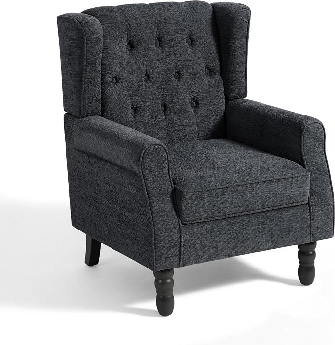 High Back Accent Chair, Fabric Wingback Chair Upholstered Armchair for Living Room, Comfy Single Sofa Bedroom Reading Seat with Retro Solid Wood Legs - Black Blue
