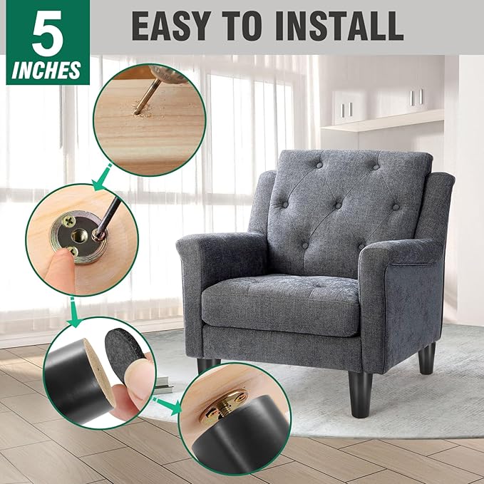 FoDau770 Black Rubber Wood Furniture Legs 5 Inches, Straight Tapered Wood Feet Mid Century Sofa Legs Set of 4, 5/16" UNC Furniture Feet Replacement Parts for Cabinet Couch Dresser Chair Ottoman Table