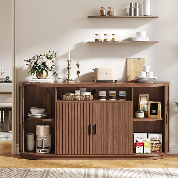 63" Sideboard Buffet Cabinet with Storage, Modern Fluted Accent Credenza with Sliding Doors, Drawers and Adjustable Shelves, Wood Coffee Bar Console Table for Kitchen, Living Room, Enrtyway (Walnut)