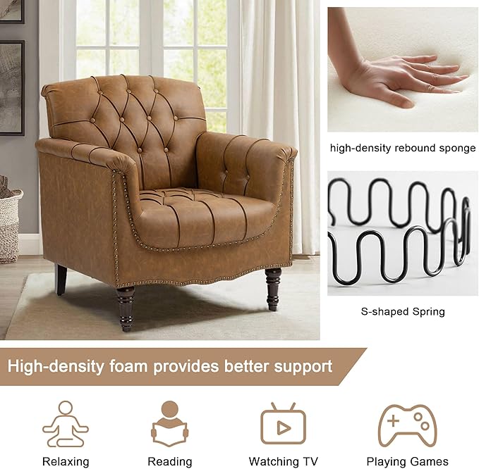 Lumibee Faux Leather Accent Chairs Set of 4, Upholstered Armchairs with Nailhead Trims & Wood Legs for Living Room, Bedroom, Contemporary Comfy Club Chairs for Office-Camel