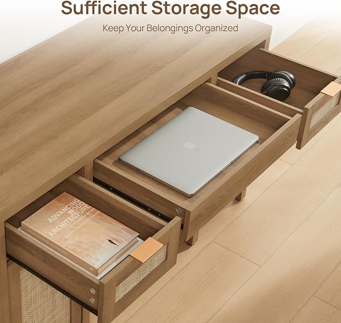 SICOTAS 52" Rattan Home Office Desk with 3 Drawers: Boho Executive Desk with 2 Storage Cabinets, Large Computer Writing Table for Study, Office, Living Room