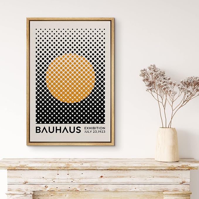 MUDECOR Framed Canvas Print Wall Art Mid-Century Bauhaus Black Orange Grid Dot Sun Shapes Abstract Illustrations Modern Art Multicolor Relax/Calm for Living Room, Bedroom, Office - 16"x24" Natural