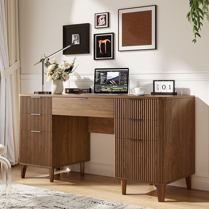 55.1" Fluted Executive Desk with Drawers, Wood Computer Desk with Storage Cabinet, Home Office Desk with Charging Station, Farmhouse Desk with File Cabinet for Office Home (Walnut)