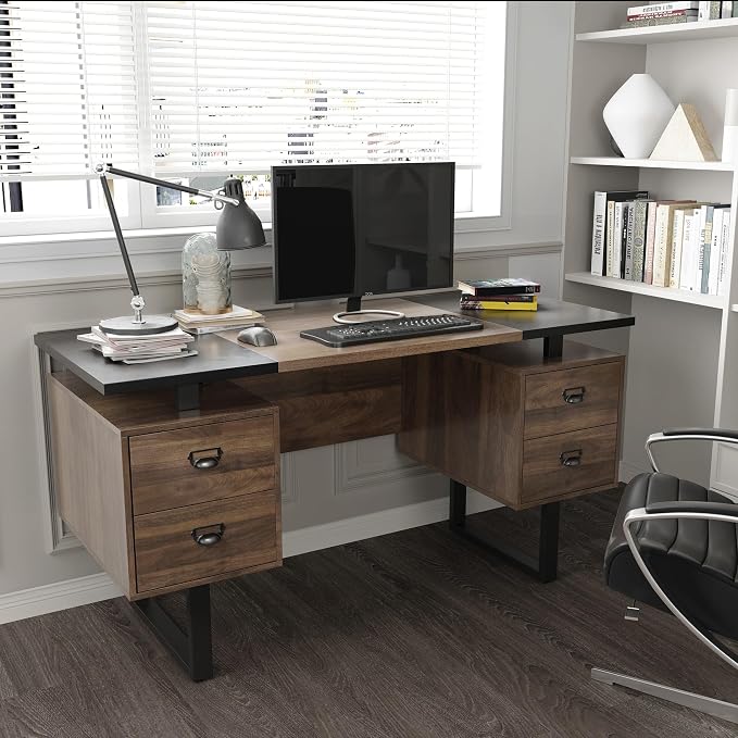 Computer Desk with Drawers 59" L Contemporary Home Office Laptop Desk with Floating Desktop and 4 Storage Drawers Vintage Study Gaming Table with Metal Frame Black & Walnut CTSZ20401WACM