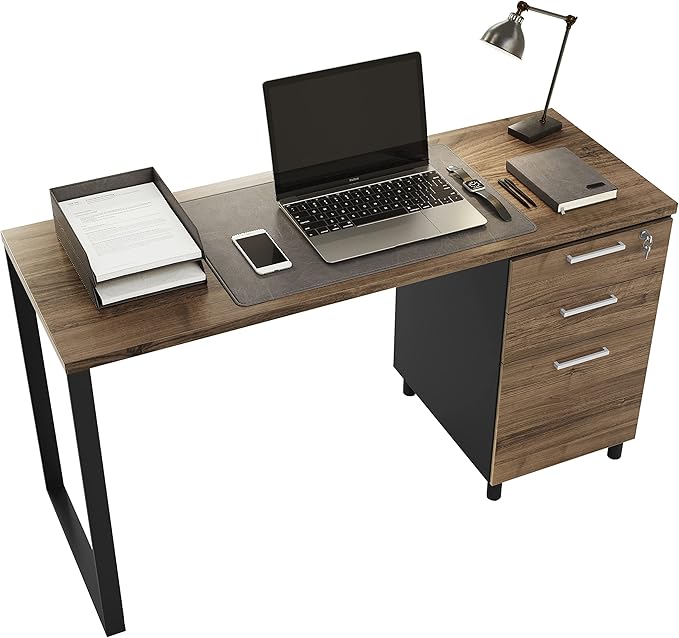 Modern Design Milano Office Computer Desk with 3 Locking Drawers, 48 Inch Walnut and Black Industrial Wood Desk with Filing Drawer and Storage by Crafts and Comfort