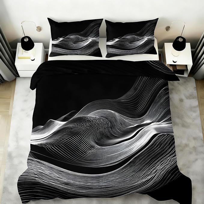 Black White Duvet Cover California King, Psychedelic White Wavy Stripes Bedding Set 3 Piece, Modern Abstract Geometric Line Patterned Comforter Cover with Zipper Soft Microfiber, 2 Pillowcases