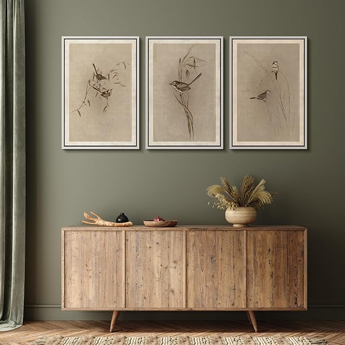 MUDECOR Framed Wall Art Print Set Vintage Bird Wheat Ear Illustrations Modern Art Boho Decorative Colorful Chic for Living Room, Bedroom, Office - 16"x24"x3 White